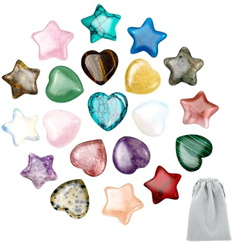 Stern und Herz Edelsteine, 20 Stück Heilsteine, Rosenquarz Heilsteine Kristalle Set, Glücksbringer Herz Stein Kristalle, Glückssteine für Reiki Heilung, Kleine Geschenke