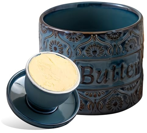 PRITOK Butter Dish with Lid: Reactive Glaze French Butter Crock, Ceramic Butter Keeper with Waterline, French Butter Crock for Counter, Mother’s Day, Thanksgiving, Spreadable Butter(Blue)