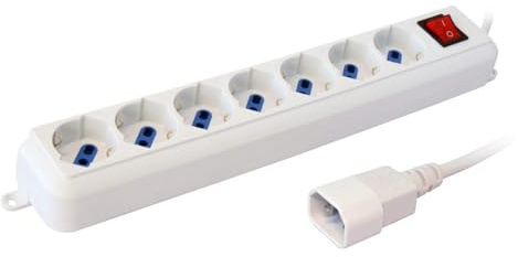 Ciabatta, Multipresa, 7 Posti per Gruppi di continuità, Prese Italiane 10/16A Schuko, Cavo 1.5 Metri, 250v/2500W, Cavo di Alimentazione VDE C14, Bianco