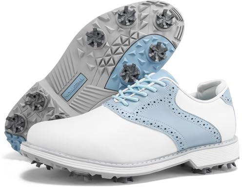sekiueo Scarpe da Golf Professionali da Donna con Borchie Scarpe da Lavoro in Pelle con Lacci Impermeabili Antiscivolo E Comode,Blu,38 EU