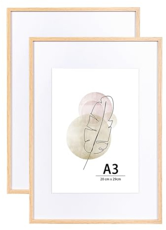 KAIWIN A3 Picture Frame Oak Set of 2, Wooden Poster Frame suitable for A4 with mat, A3 Picture Frames for Wall Mounting Display for Home,Office,Gallery,Holiday with Photos, Posters, Puzzles