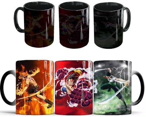 One Piece Taza de Anime Creativa Taza de Cerámica Taza de Descoloración del Agua Caliente Taza Creativa Regalo para Cumpleaños, Navidad, Día de San Valentín, Aniversario (Tres Hermanos)