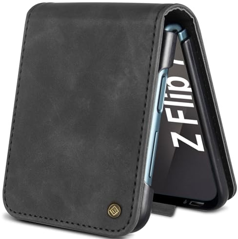 Giyer Étui de protection à rabat en cuir de qualité supérieure pour Samsung Galaxy Z Flip 7 5G - Fonction support - Compartiment pour cartes - Noir