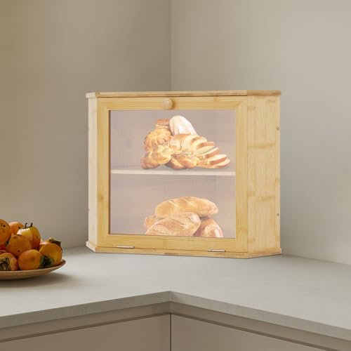 JUDEMII Boîte à pain d'angle en bambou avec 2 étages, de qualité alimentaire, grande boîte à pain avec fenêtre transparente, 32 x 32 x 34 cm, pour cuisine/salon