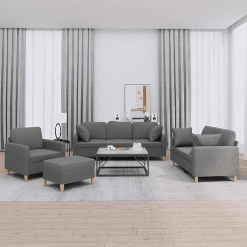 Qnhdfrt Dunkelgraue Stoff Sofagarnitur 4-teilig mit Kissen, Bequeme Couch Set inklusive Sessel, Zweisitzer Sofa, Dreisitzer und Fußhocker für Wohnzimmer Sitzecke