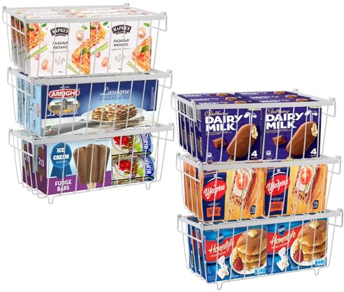 6Pack Chest Freezer Baskets, Chest Freezer Organiser Stackable Kitchen Storage Boxes with Handles Pantry Wire Shelf Bins Frozen Goods Sort Allow Air Circulation (37x18x15cm)