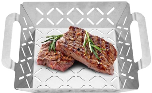 Cestino per griglia, cesto barbecue perforato, strumento di grigliamento compatto, 10.43x8.5x2.36 pollici vassoio di cottura portatile con acciaio inossidabile, ideale per esterno, carne, verdure, gam