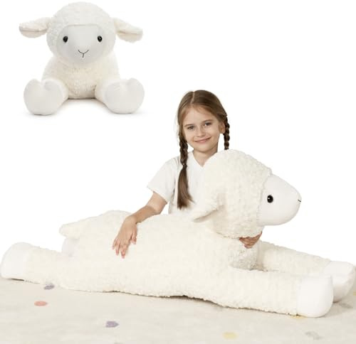 Tezituor 43.3 Giant White Sheep Stuffed Animal, Hugging Fluffy Stuffed Sheep Plush Body Pillow for Boys Girls, Realistic Large Lamb Farm Plush Toy Gift for Christmas Birthday Decor