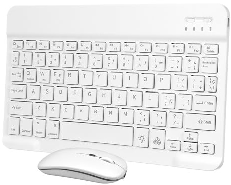 FIXOSHEE Teclado y Ratón Inalámbricos Portátiles Retroiluminados con Letras Iluminadas y Pegatinas Español Recargables Multi Dispositivo para Tabletas y Teléfonos