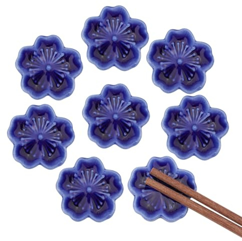 GLOBLELAND 8 piezas de flores de cerezo azul palillos de cerámica soporte para palillos para cena, tenedor, cuchara, cubiertos, casa, restaurantes, cocina, regalo