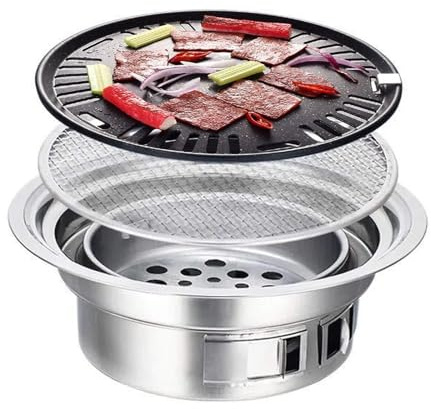 Round Stainless Steel Portable Charcoal Grill Smokeless Indoor Outdoor BBQ Grill for Home Camping Picnic Parties