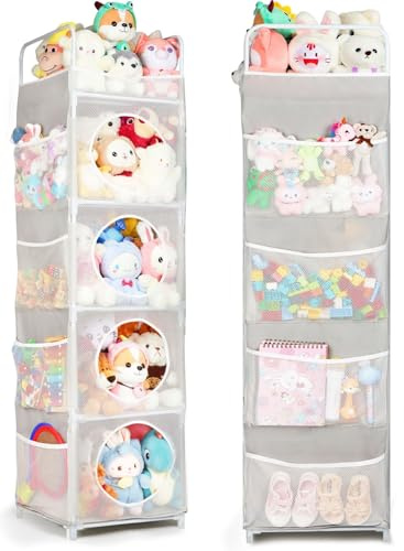 AXHOP Aufbewahrung Kuscheltiere, 42x42x162cm Stofftier Aufbewahrung, 5 Etagen & 8 Netztaschen Spielzeug Aufbewahrung, Regal Kinderzimmer für Kinderzimmer & Spielzimmer, Grau