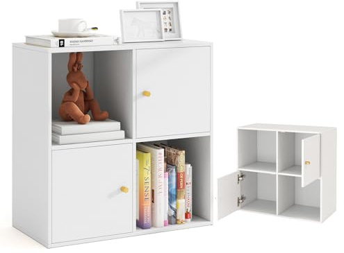 KOMFOTTEU 3 Ebenen Bücherregal mit 4 Fächern, Bücherschrank freistehend, Würfelregal mit 2 Türen, Aufbewahrungsschrank für Wohnzimmer, Schlafzimmer, Studie, Büro, 60 x 29 x 60 cm, Weiß | Aufbewahrungsschrank für Wohnzimmer, Schlafzimmer, Studie, Büro, 60 x 29 x 60 cm, Weiß
