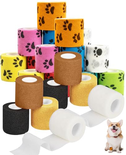 Donvuka 24 Stück Selbsthaftende Bandage Hund Vet Verband, Elastische Selbstklebender Verband für Hunde, Pferde und andere Haustiere –Ideal für Halt und Schutz von Gelenken, (5cm*4,5m per Rollen)