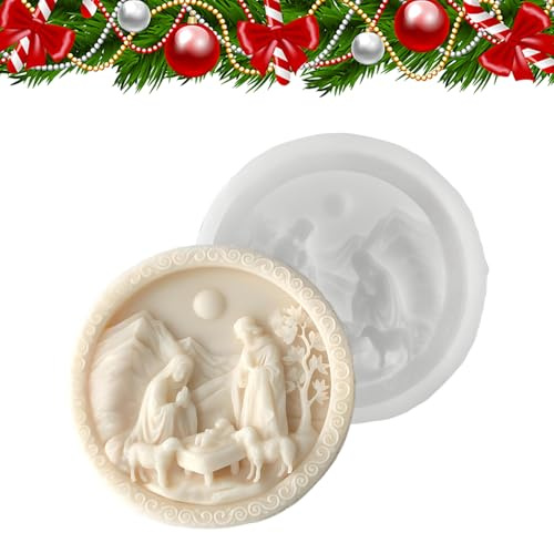 Moules en silicone pour crèche de Noël – Moules à bougies de naissance de Jésus – Moule rond 3D en silicone pour savon, bougie, plâtre, résine, fondant, projets de décoration
