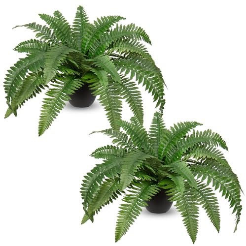 Hollyone 23.6'' Artificial Boston Fern Potted Plant, 2PCS Fake Fern Bushes in Pot for Indoors & Outdoors, Faux Boston Ferns for Home Decor, Garden, Patio, Balcony, Entrance, Living Room Decorations