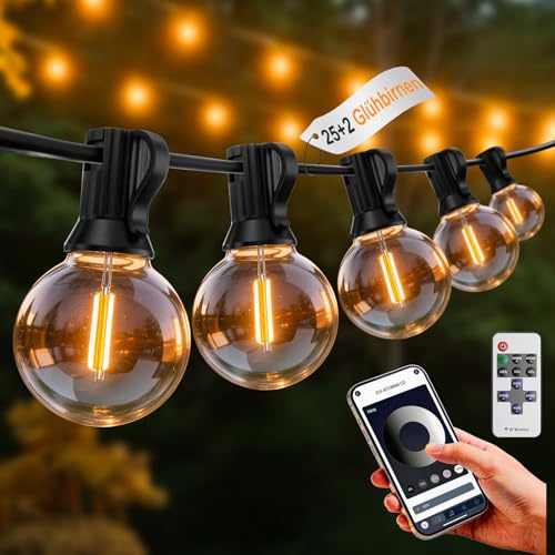 G40 Guirlande Lumineuse Exterieure Intérieur mit APP Contrôle & Télécommande Dimmable, Guirlande Guinguette Exterieur 23,5M 25+2 Étanche Incassables Ampoules pour Terrasse Jardin Mariage Fête