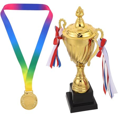 Cabilock Set Trofei Sportivi con Coppa 29 Cm e Medaglia in Metallo Oro con Nastro, Premio per Competizioni Atletiche e Cerimonie di Premiazione, Riconoscimento per Tornei e Risultati