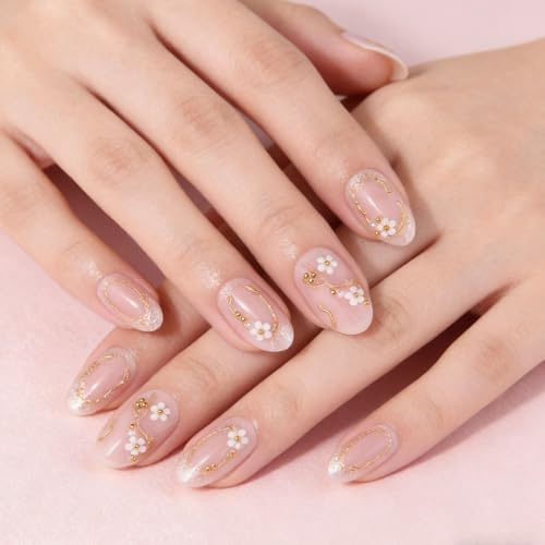 French Gold avec perles & fleurs blanches – Faux ongles courts ronds à coller en acrylique, faux ongles réutilisables et naturels pour femmes, set de 24 ongles DIY de qualité salon