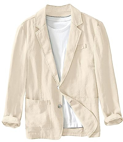Chaqueta Lino Blazer Hombre Casual Americana Manga Larga Solapa Botones Bolsillos Color Sólido Holgado Talla Grande Ligero Transpirable Cómodo para Verano Uso Diario