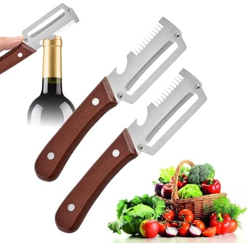 Wooden Handle Peeler, Multi-Functional Vegetable Peeler for Kitchen, Stainless Steel Vegetable Peeler with Wooden Handle, 2 in 1 Peelers for Kitchen & Built-in Bottle Opener, Easy to Use (C-2pcs)
