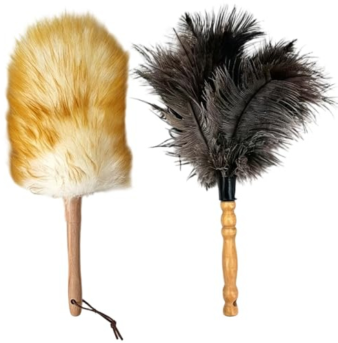 2 PCS Feather Dusters, for Cleaning, Feather Duster with Natural Wood Handle, Feather Duster with 18 cm Feather Length and 32 cm Total Length