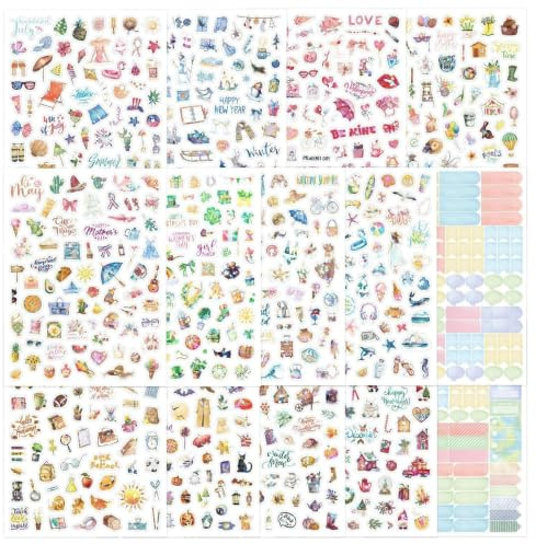 14 Stück Jahreszeiten Sticker Set, Glitzer Aesthetic Sticker mit 1050 Motiven, Dekorative Wasserdicht Vinyl Aufkleber, DIY Deko für Laptop, Kindle, Scrapbooking, Journaling, Fotoalbum, Bullet Journal
