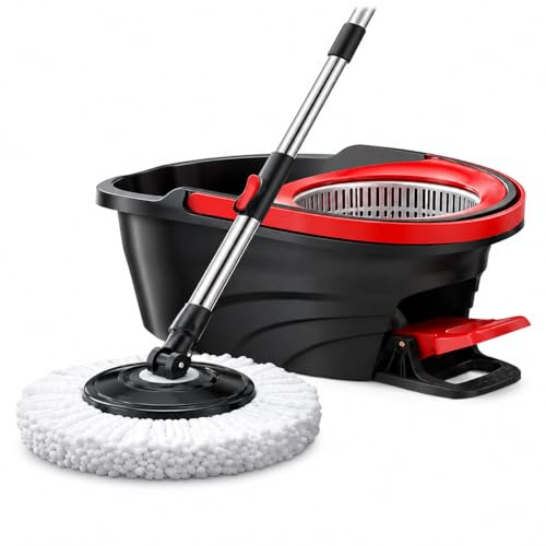 Deluxe Spin Mop and Bucket Set with Foot Pedal, Stainless Steel Wringer Basket, Adjustable Handle 48–135cm, 2 Microfiber Mop Heads, Plastic PP Cleaning Mop Bucket for Home Floor Cleaning (Black)