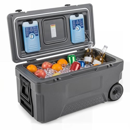 COSTWAY kylbox, stor termolåda av plast med hjul och handtag, isoleringslåda med dräneringsplugg, mugghållare och säkerhetslås, bärbart kylskåp för camping och picknick