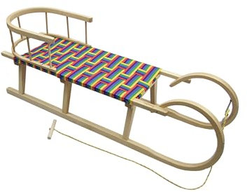 BAMBINIWELT Hörnerrodel 120 cm Regenbogendesign - Holzschlitten aus massivem Buchenholz - Hörnerschlitten mit Rückenlehne, Buntem Gurtsitz, Zugseil & Stahlkufen