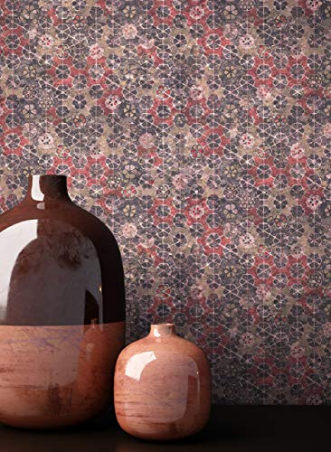 Newroom Vliestapete Rot Mosaik Vintage Tapete Wohnzimmer | Orientalisches Mosaikmuster mit floralen Rosetten, warm-erdiger Terrakotta Taupe Anthrazit, matt, ansatzfrei, Mustertapete