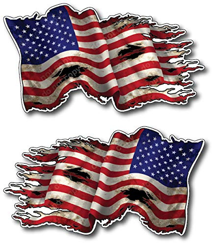 2 Pack New Tattered Waving USA American Flag Vinyl Decal Army Navy Military Country Stickers Car Truck 4 x 7 1 Regular 1 Mirrored Reverse Left Facing Right Facing Backwards