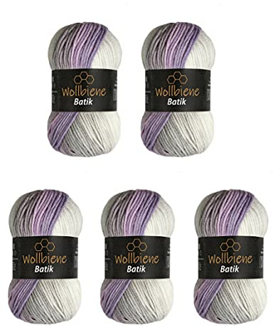5 x 100g Wollbiene Batik 500 Gramm Wolle mit Farbverlauf mehrfarbig Multicolor Strickwolle Häkelwolle (5990 rose grau weiß)