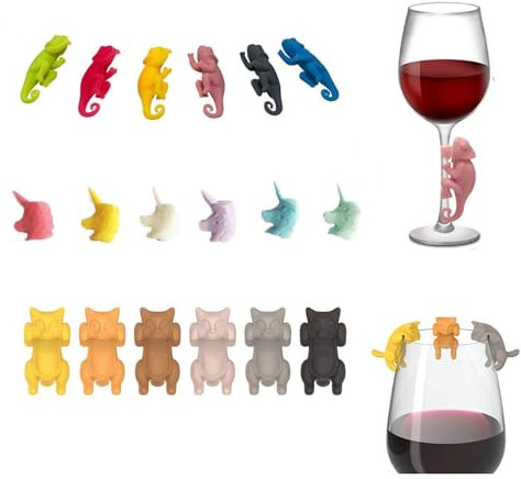 Segna Bicchieri Silicone Animali, Segna Bicchiere Calice, 18 Pezzi (Camaleonte, Gatto, Cavallo)