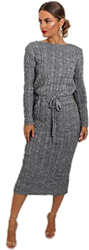 Crazy Girls Women Ladies Cable Knitted Side Pocket Long Sleeve Tie Up Midi Party Jumper Dress