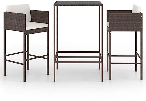 vidaXL Gartenbar Set 3-TLG. mit Kissen Theke Bar Tresen Gartentheke Bartisch Stehtisch Barhocker Barstuhl Gartenmöbel Poly Rattan Braun