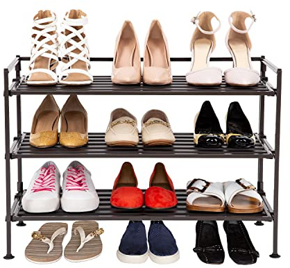 Seville Classics Sturdy Freestanding Storage Shelf for Bedroom, Closet, Entryway, Dorm Room Organizer Stackable Durable Metal Shoe Rack Espresso Slat, 3-Tier (NEW MODEL)