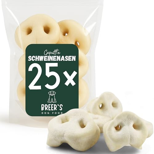 BREERs Gepuffte Schweinenasen für Hunde 25 Stück Naturkau-Snack oder Leckerli, Kauartikel für Groß & Klein, Kauartikel aus Schwein, Hundeleckerli getreidefrei, Kausnack, Leckerli Hund