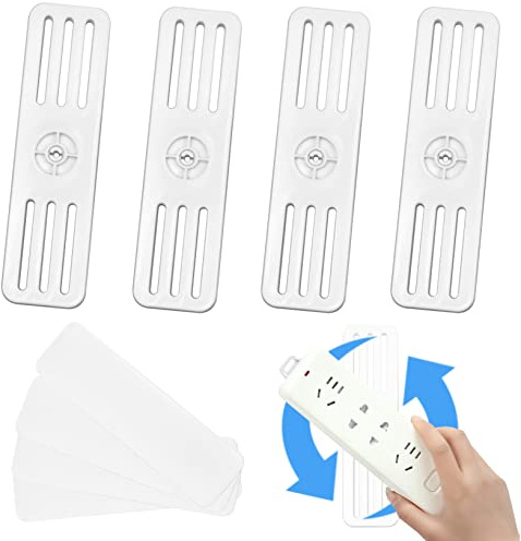 Self Adhesive Power Strip Holder - No Drill Extension Block Wall Mount Fixator - Easy to Install Sliding Design - For Home, Kitchen, Office (4 Pack - 360 Design)