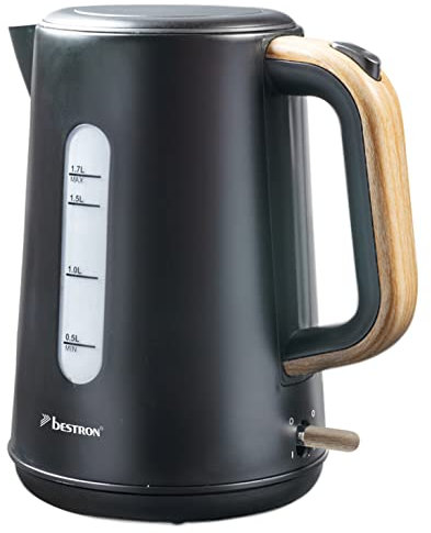 Bestron Bollitore con base a 360°, bollitore acqua incluso arresto automatico e protezione contro il funzionamento a secco, capacità di 1,7 litri, Black&Wood Collection, colore: Nero/legno