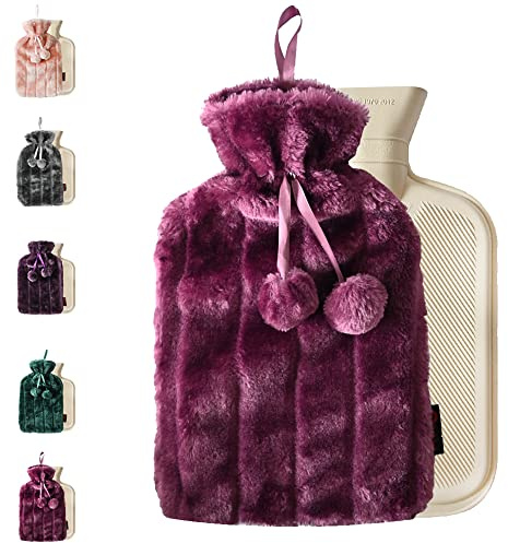 Ram® 2L Luxury Cosy 2 Litre Hot Water Bottle with Faux Fur Berry Cover