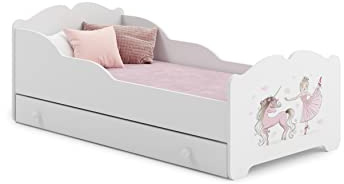 KOBI Anna vit barnsäng med rosa enhörning och ballerina | med förvaringslåda | 160 x 80 cm | liten flicksäng barnsängar | med madrass och ram | babyrummet