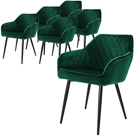 ML-Design Esszimmerstühle6er Set mit Samtbezug, Dunkelgrün, Küchenstuhl mit Armlehne und Rückenlehne, Polsterstuhl mit Stahlgestell, Ergonomischer Stuhl für Esstisch, Esszimmerstuhl, Wohnzimmerstuhl