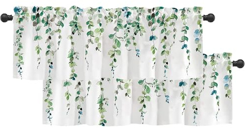 2 Pack Watercolor Green Leaves Window Valance for Bedroom Living Room, Spring Leaf Vine Plant Curtains Valanes for Windows, 3 Rod Pocket Window Treatment for Home Decorations, 54 x 18 Inch, 2 Pcs