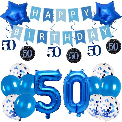 Pargleev 50. Geburtstag Dekorationen für Männer und Frauen, 40,6 cm, Zahl 50, Folienballons mit Wirbel-Dekorationen, Happy Birthday-Banner und Stern-Folienballons, 10 Stück Konfetti- und Latexballons,