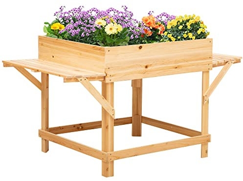 Outsunny Jardinière rectangulaire sur Pieds Potager surrélevé avec tablettes latérales et Film Tissu Non-tissé 130 x 75 x 75 cm Naturel