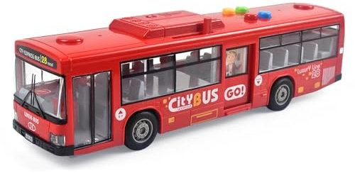 Cemirk Bus Toy for Boys and Girls - with Lights and Sounds, Realistic Tires, Simulated Functional Doors, Friction-Powered Movement, Red