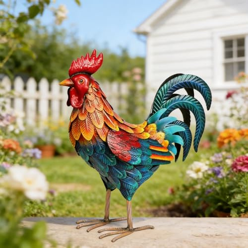 Shorayn Metall-Hahn-Statuen, Outdoor-Gartendekoration, Metall-Huhn-Skulpturen und Statuen, Huhn-Ornamente, Hofkunst für Hinterhof, Terrasse, Rasen-Dekorationen