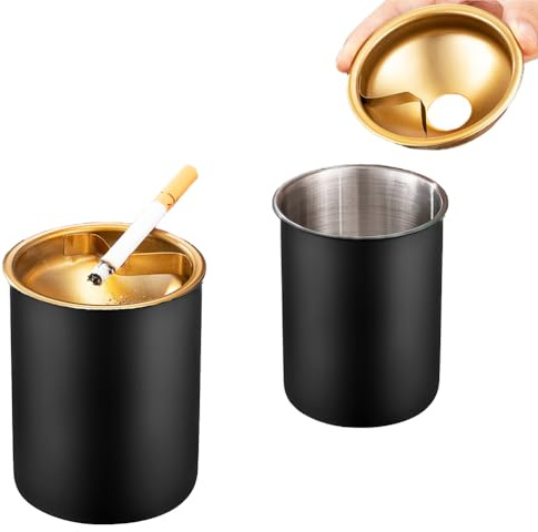 2 PCS Stainless Steel Ashtray Stylish Desktop Smoking Ash Tray Windproof Cigarette Ashtray with Funnel Lid for Indoor or Outdoor Use Home Office Garden Decoration (Black)