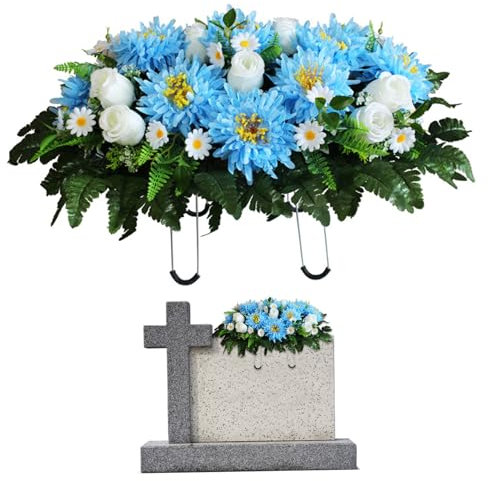 NASSMOSSE Friedhofsblumen für Grab, künstliche Grabblumen, realistische Friedhofsblumen, Grabblumen mit Sattel, Seide, Chrysantheme, 64 x 47 cm, Gedenkdekoration, Friedhofsblumen, Blau